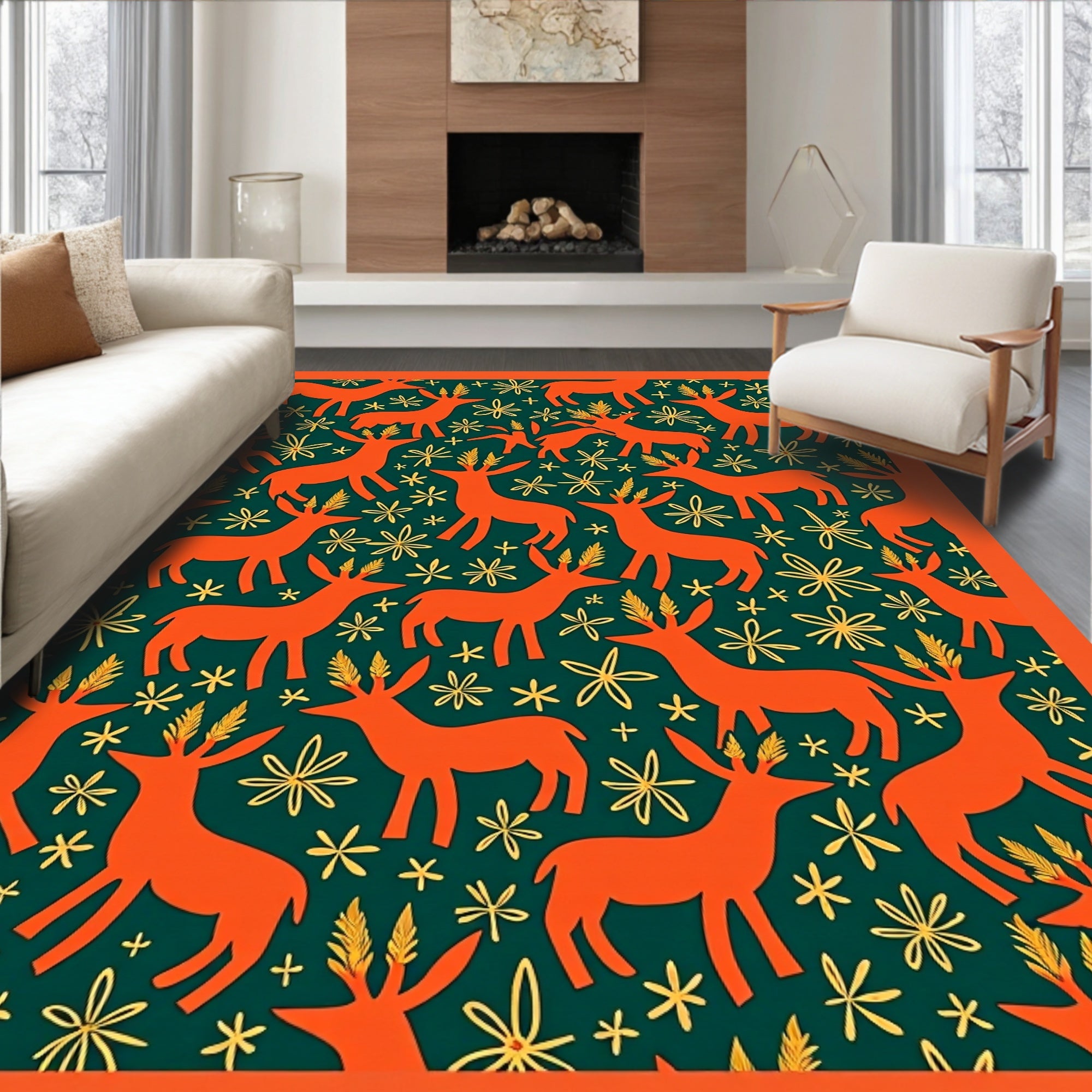 Orange Deer Golden Meadow Dark Green Rug