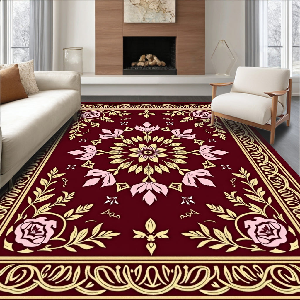 Crimson Rose Floral Medallion Border Rug
