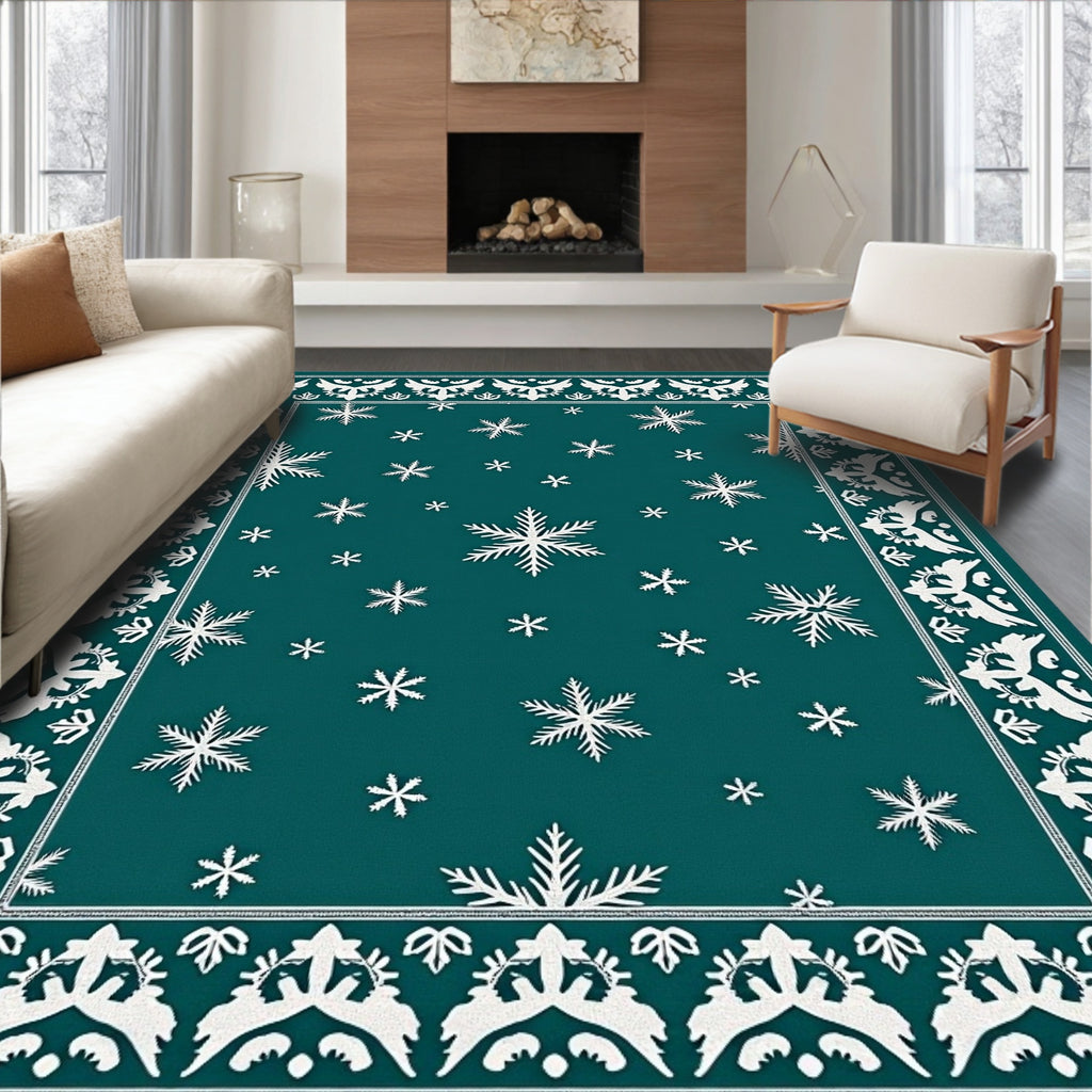Teal White Snowflake Border Rug