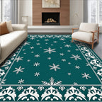 Teal White Snowflake Border Rug
