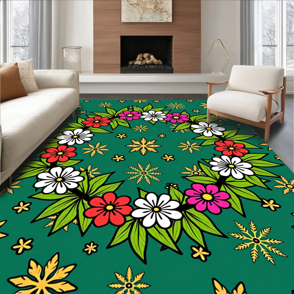 Vibrant Floral Wreath Green Rug