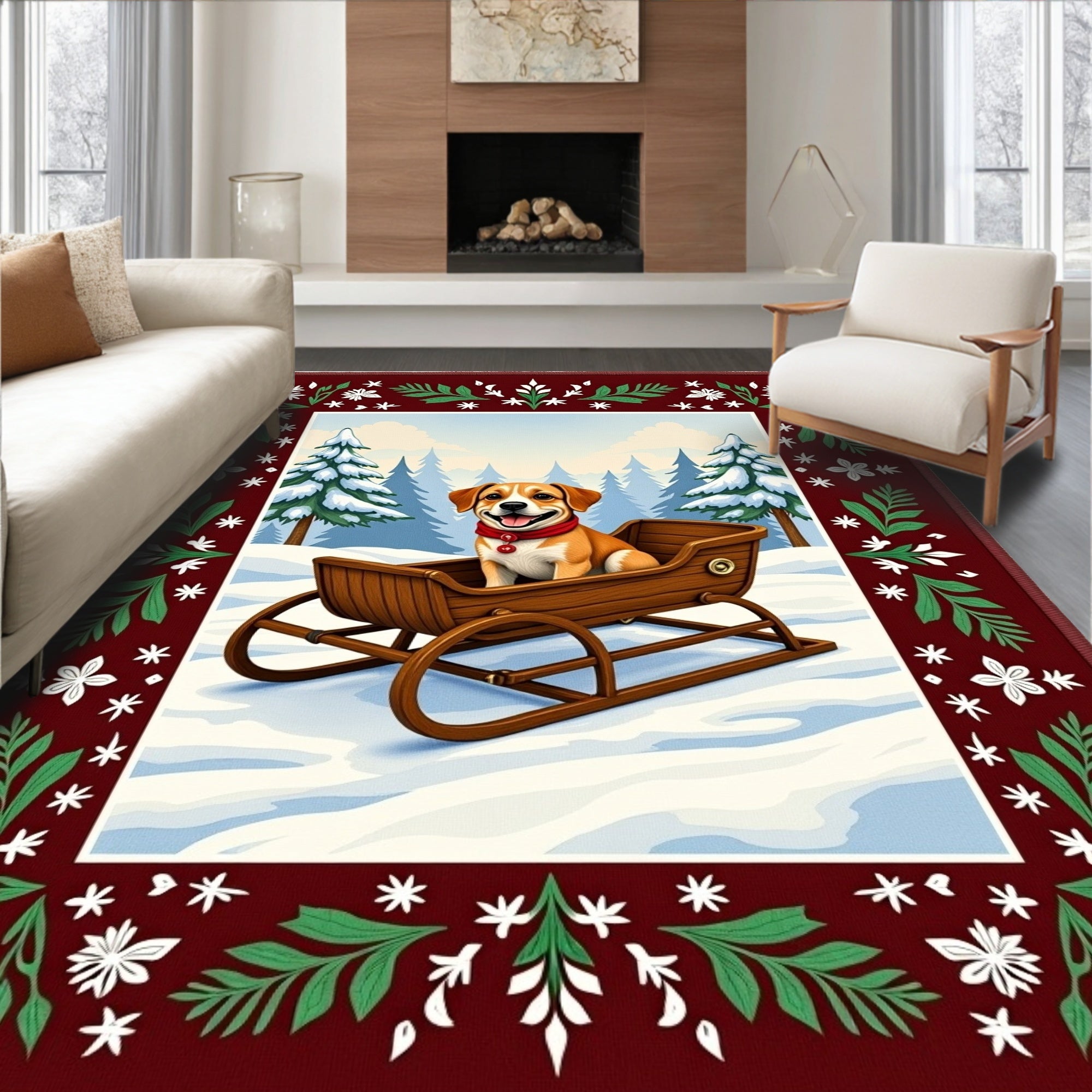Cheery Dog in Sleigh Winter Forest Rug