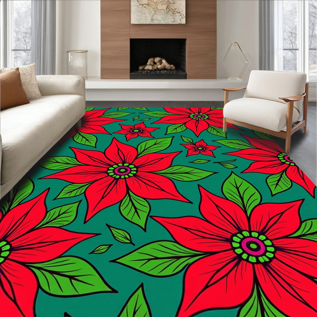 Crimson Floral Garden Teal Rug