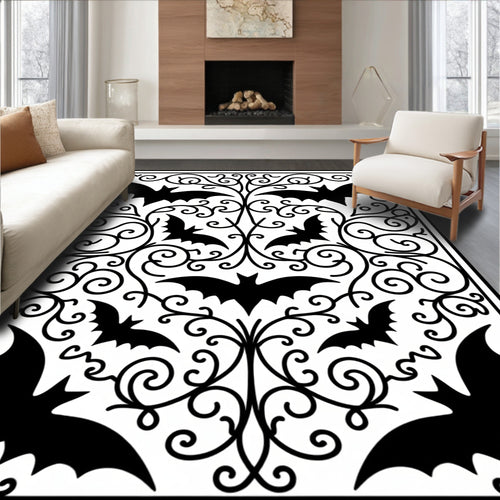 Black Flying Bats Swirling Vine Design Rug
