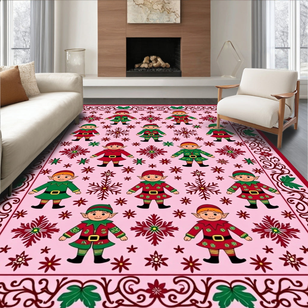 Whimsical Elf Snowflake Pink Borders Rug