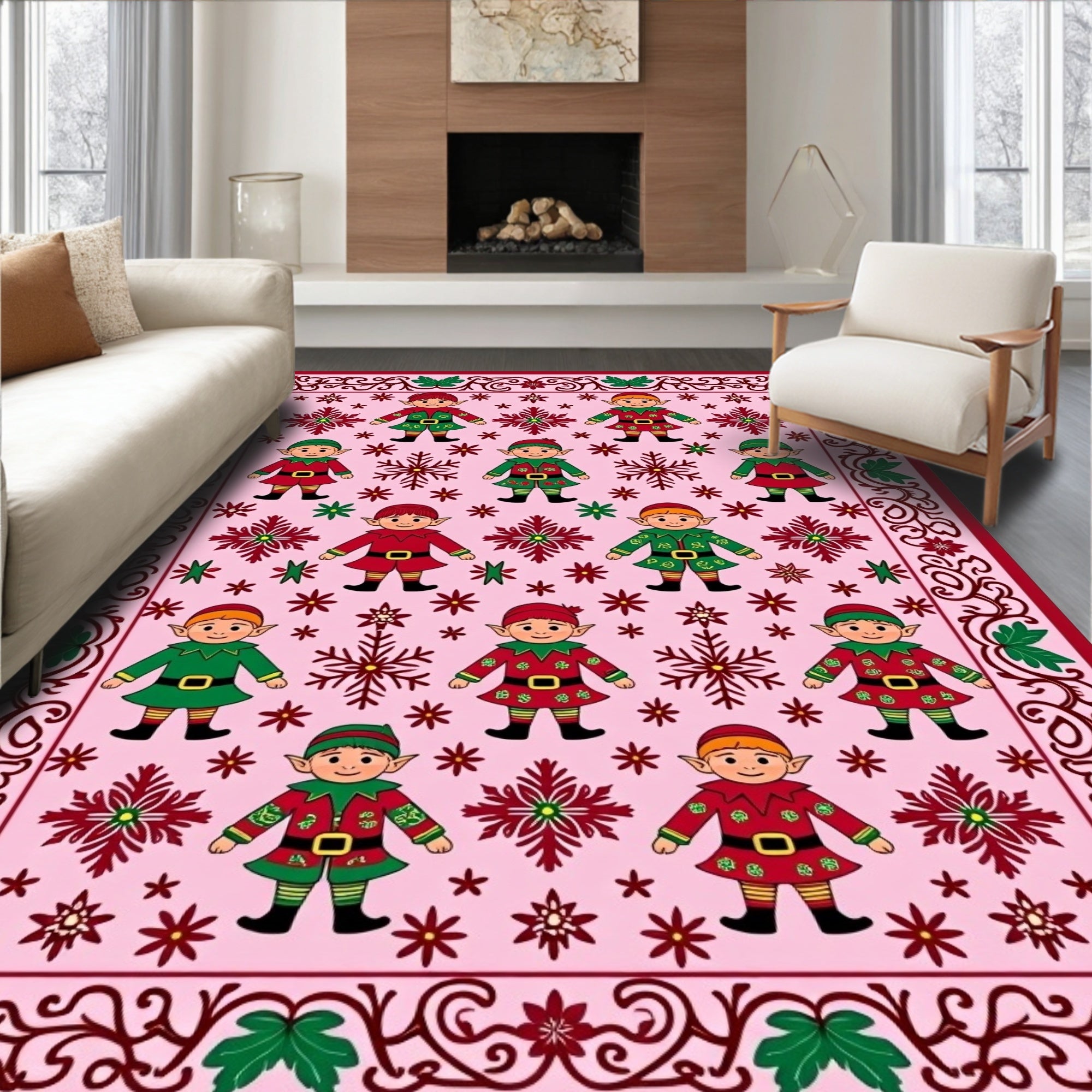 Whimsical Elf Snowflake Pink Borders Rug