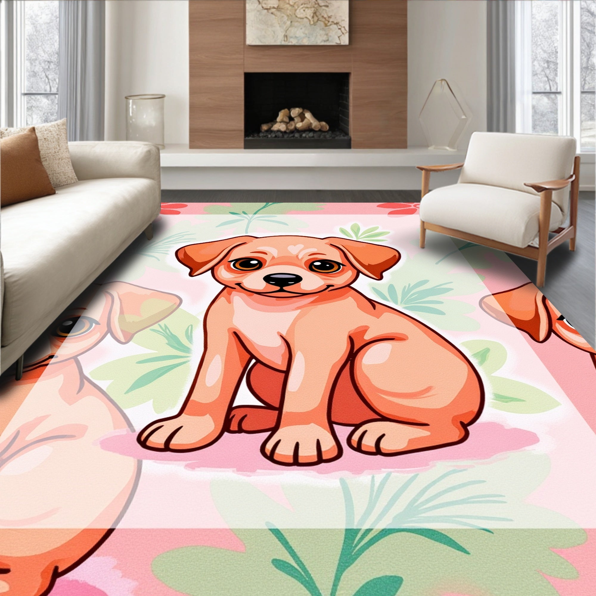 Whimsical Peach Puppy Floral Accent Rug