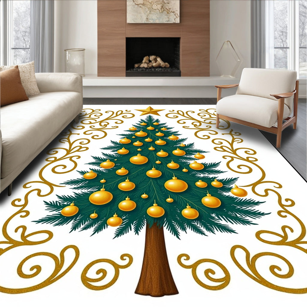Golden Star Christmas Tree Swirls Rug