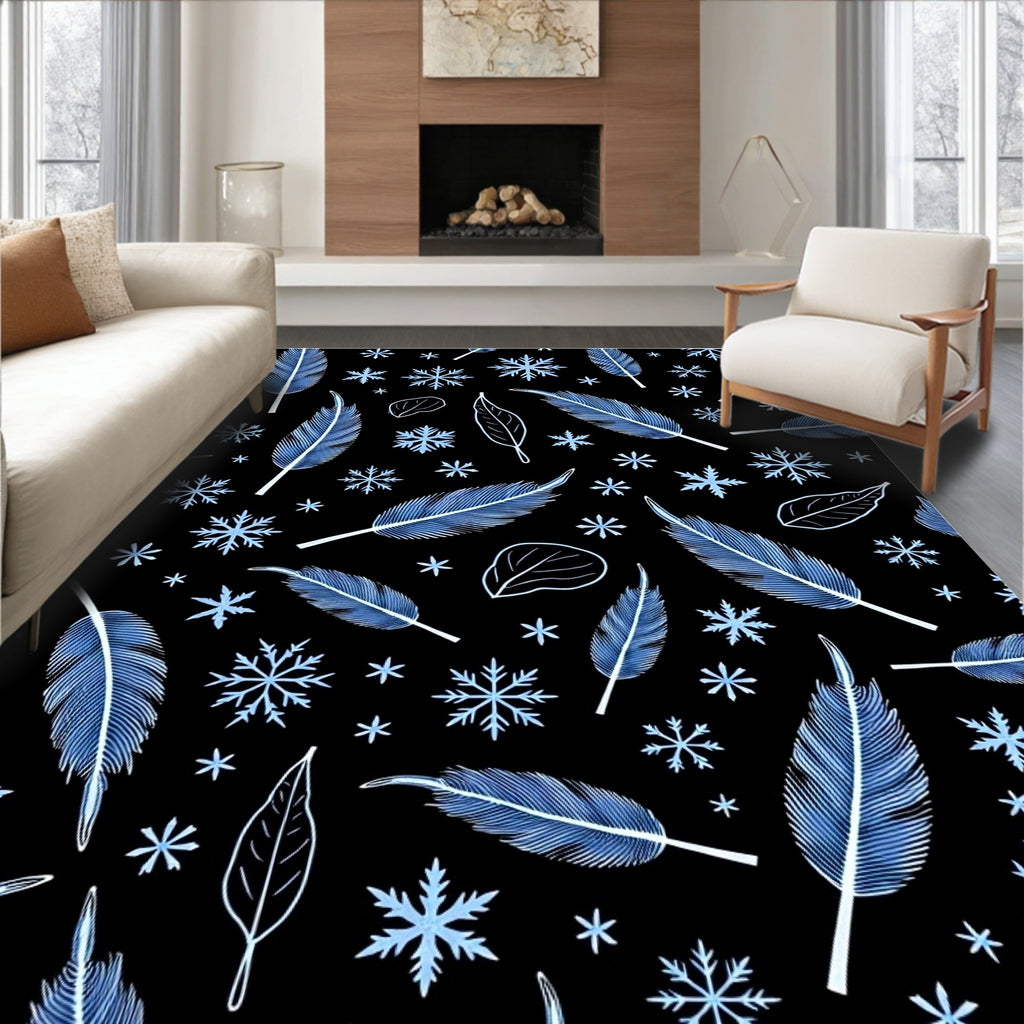 Blue Feather Snowflakes Scattered Black Rug