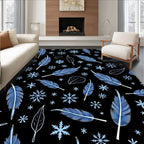 Blue Feather Snowflakes Scattered Black Rug