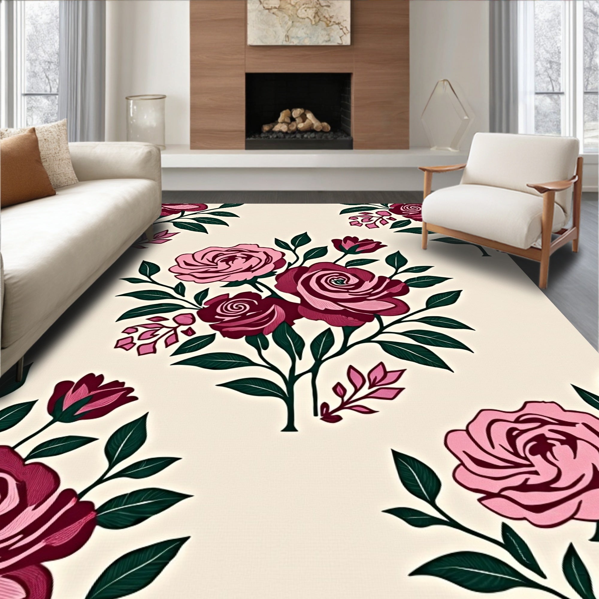 Crimson Pink Rose Branch Ensemble Rug