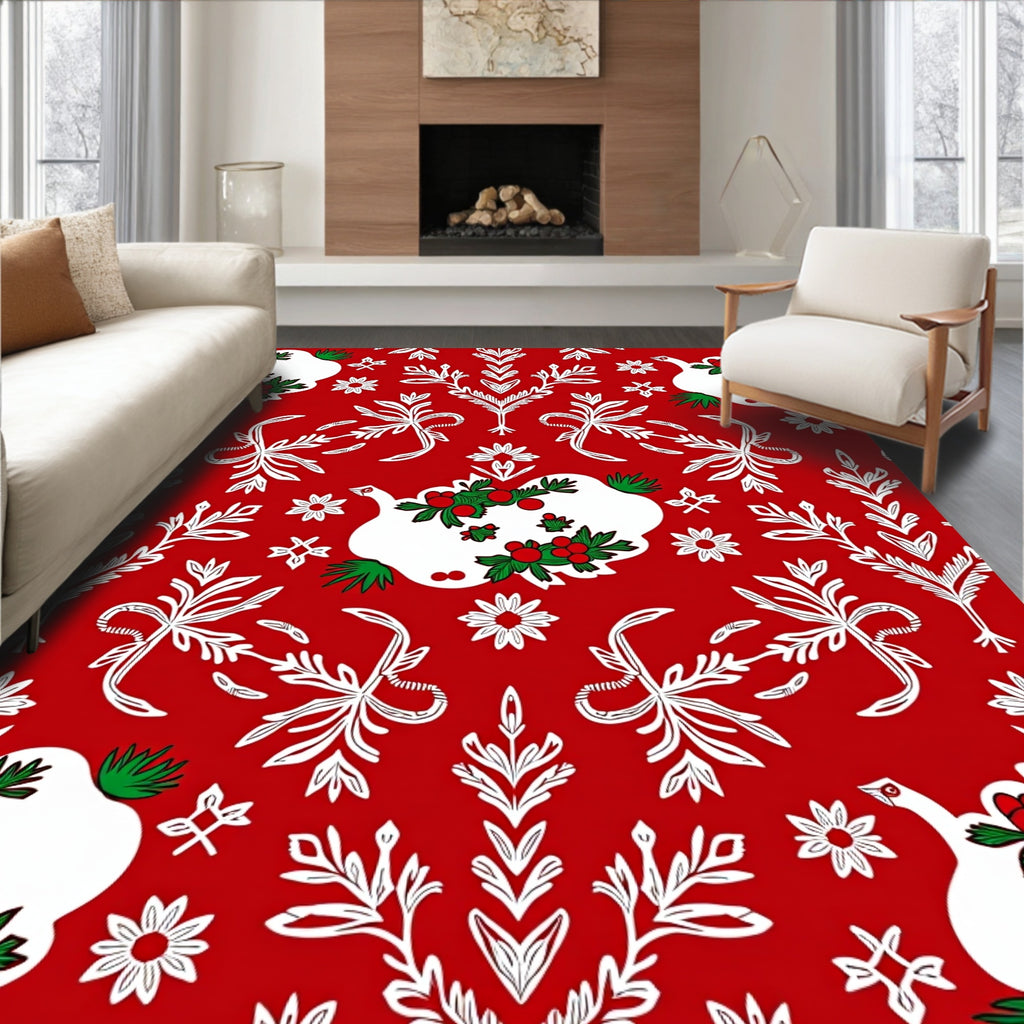 Traditional Red White Holly Berry Birds Rug