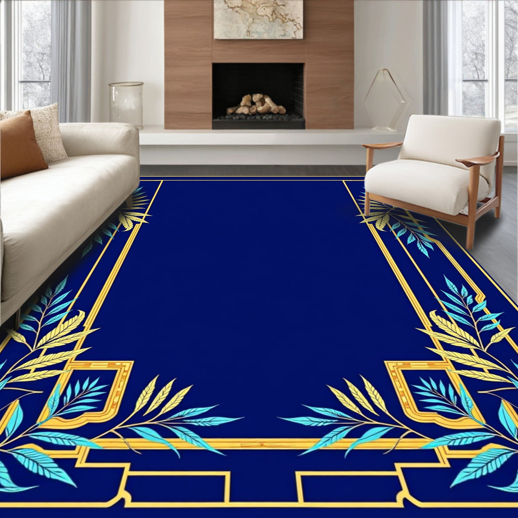 Midnight Blue Golden Leaf Border Rug