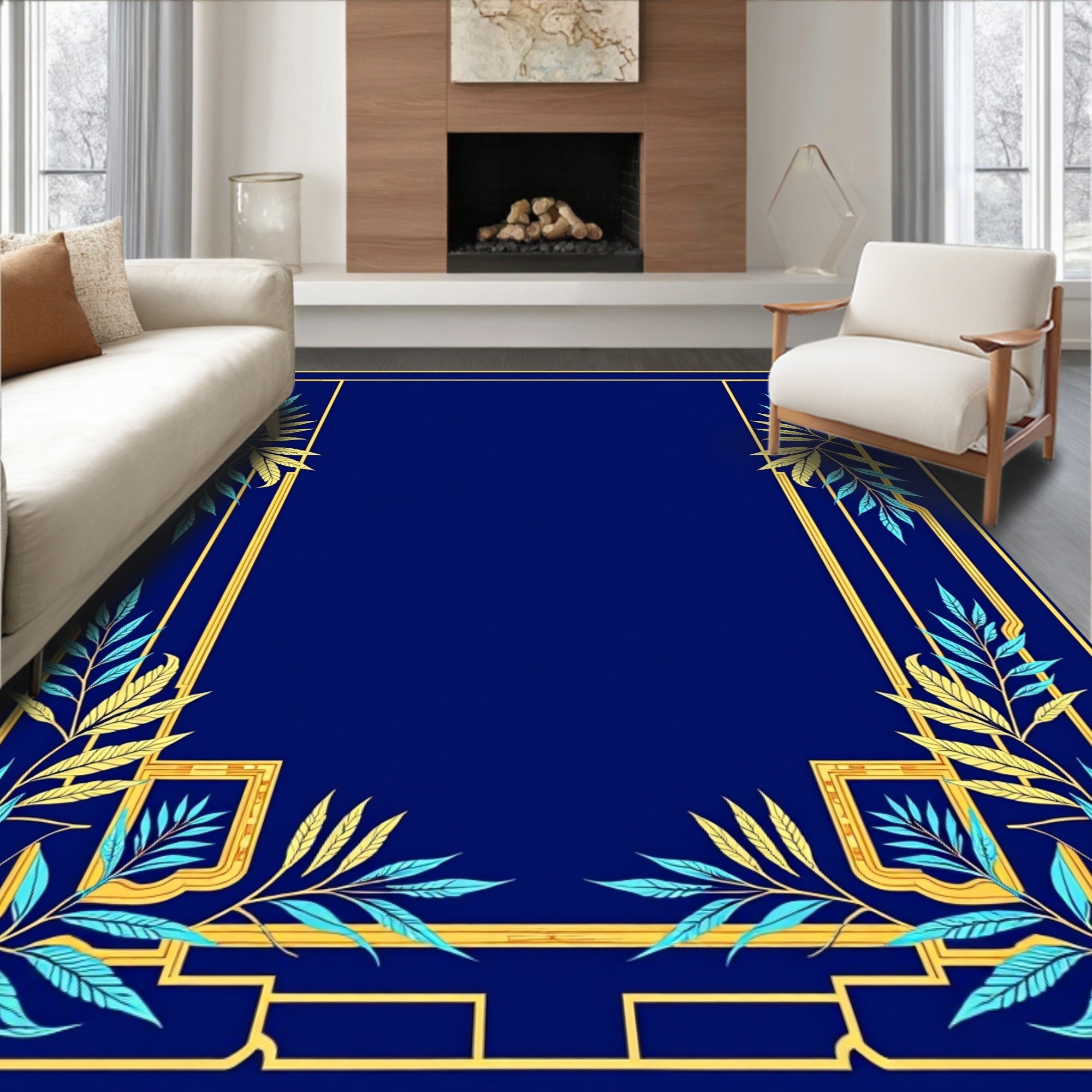 Midnight Blue Golden Leaf Border Rug