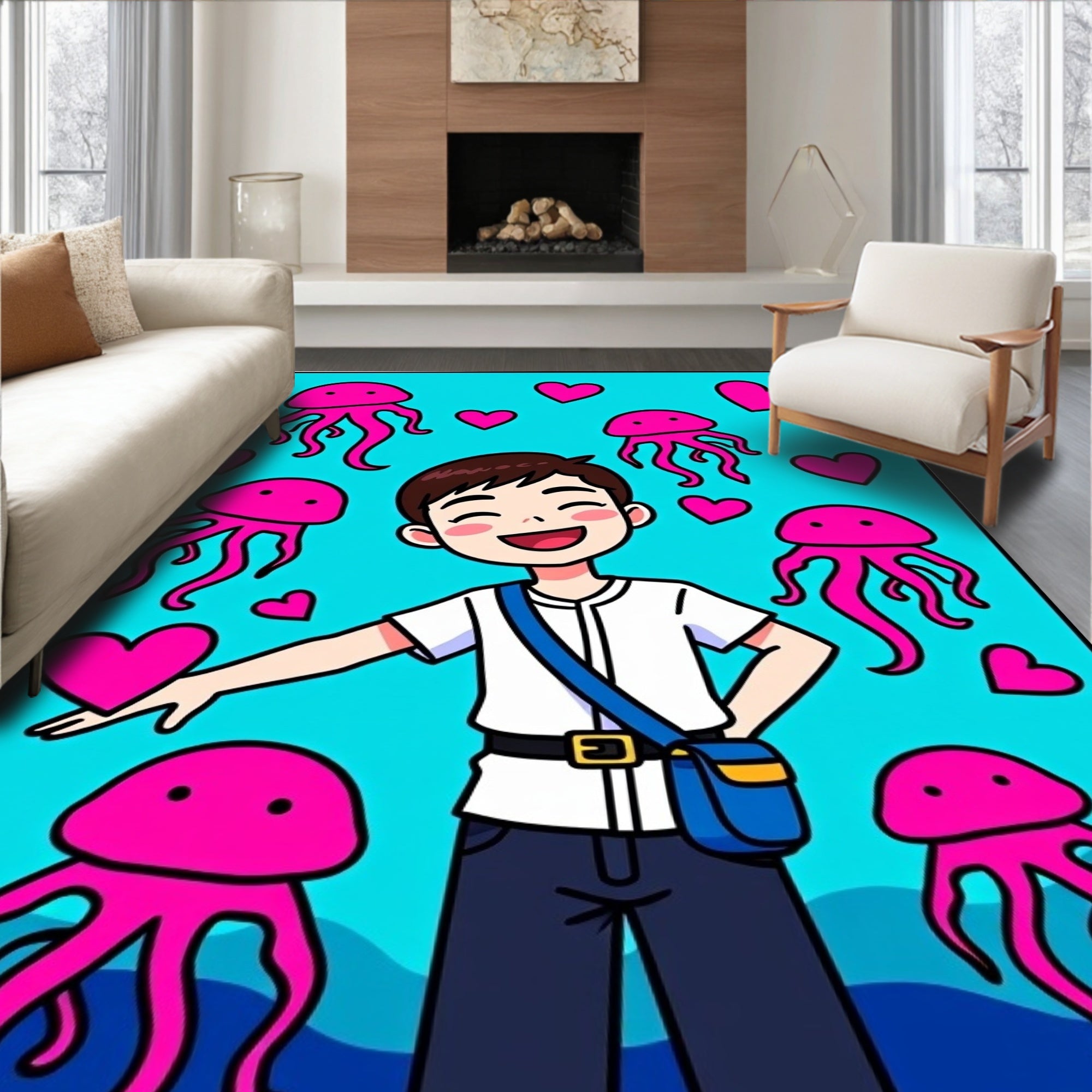 Pink Jellyfish And Heart Filled Ocean Rug