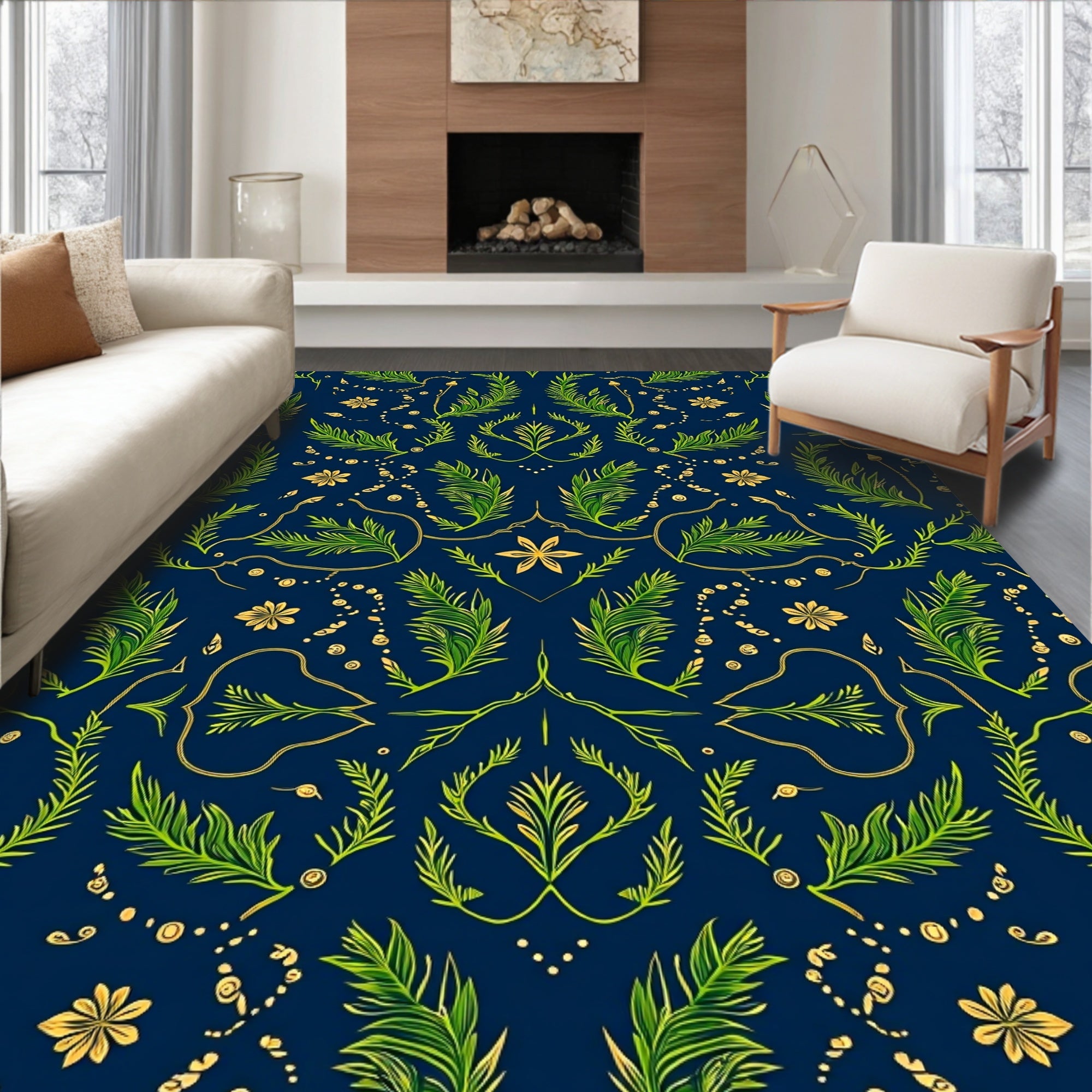 Deep Blue Green Botanical Flourish Rug