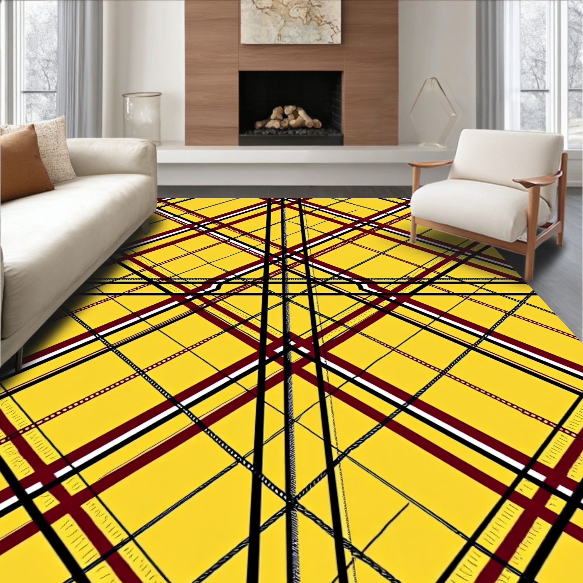 Bold Yellow Plaid With Red Stripes Rug