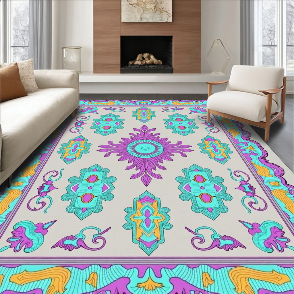 Vibrant Purple Teal Medallion Border Rug