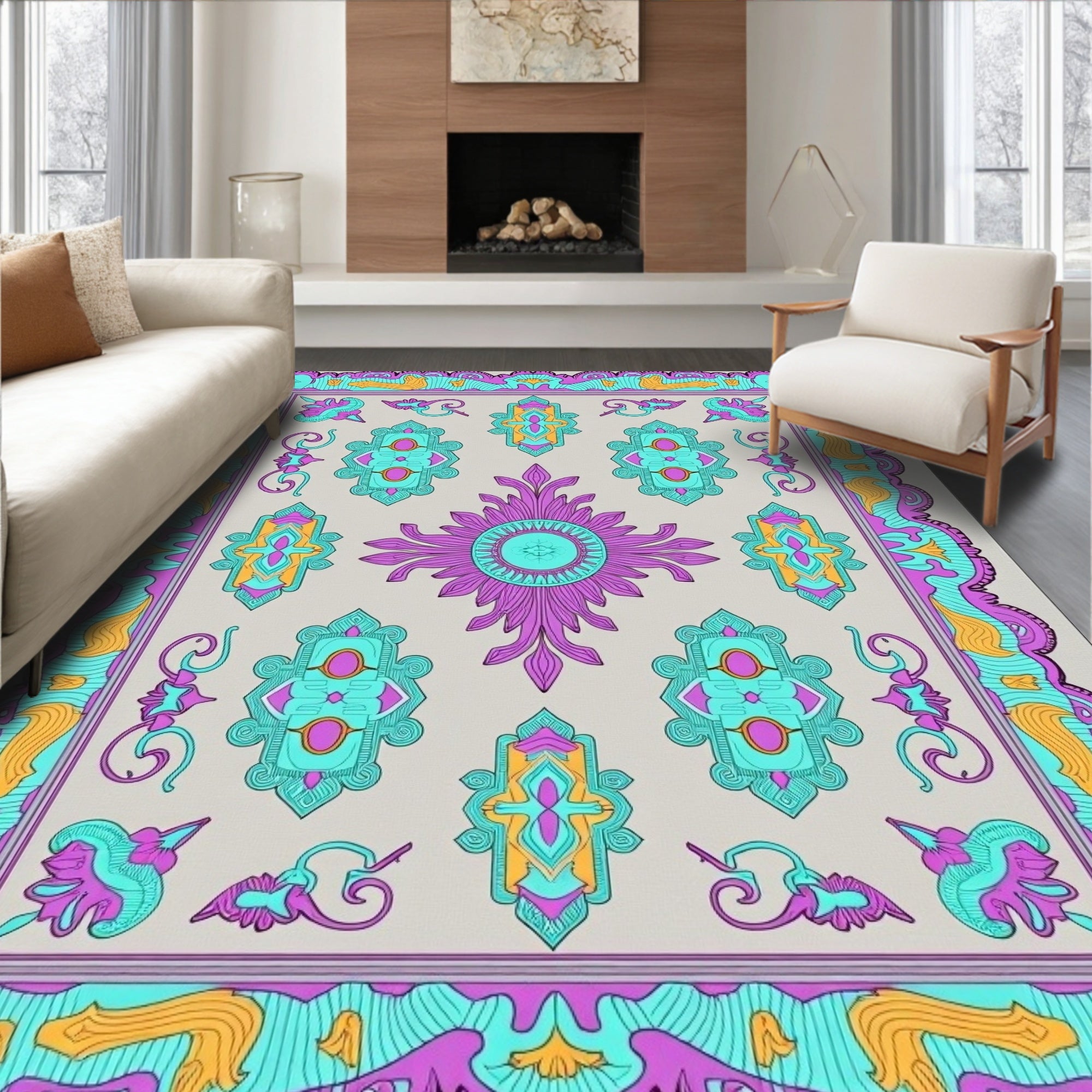 Vibrant Purple Teal Medallion Border Rug