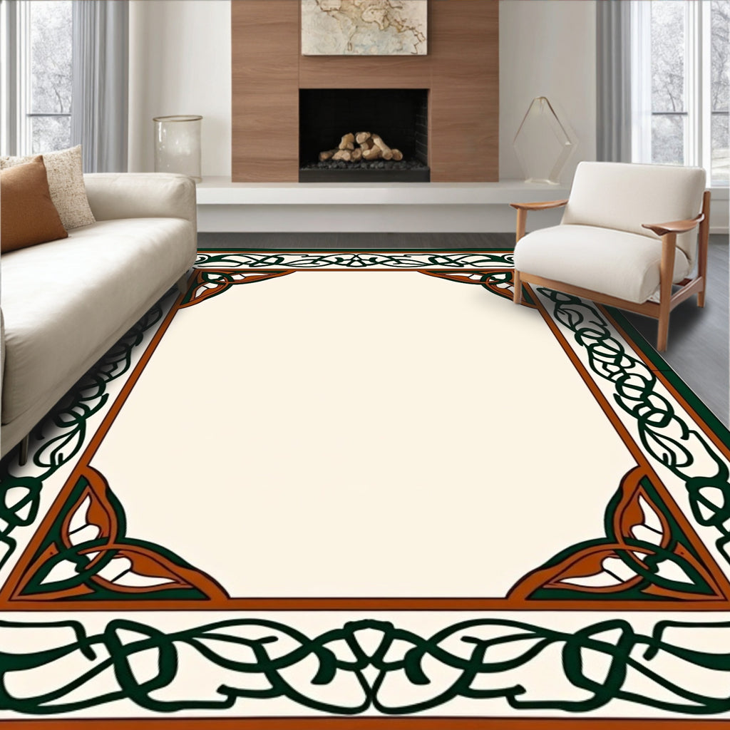 Ornate Green Brown Celtic Knot Border Rug