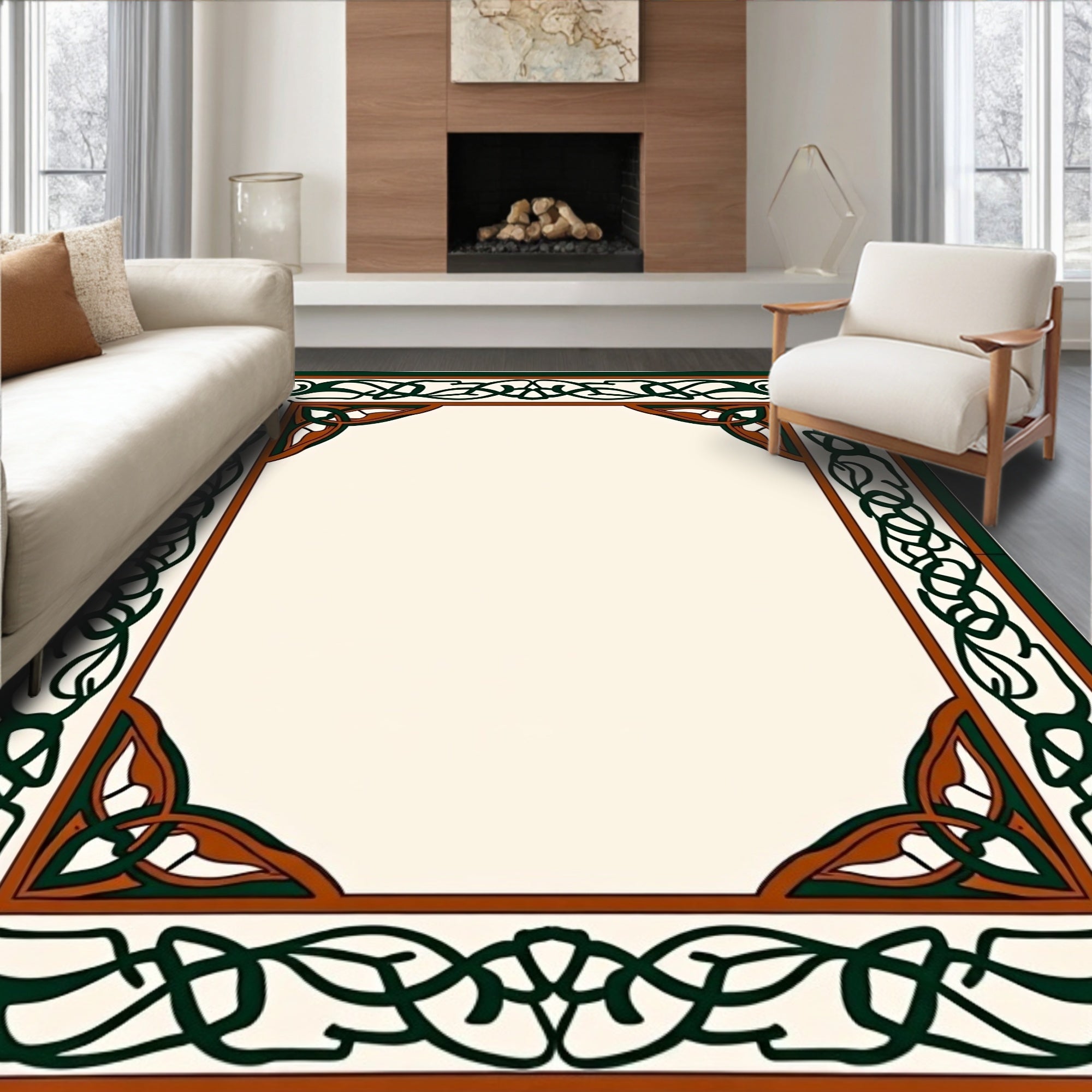 Ornate Green Brown Celtic Knot Border Rug