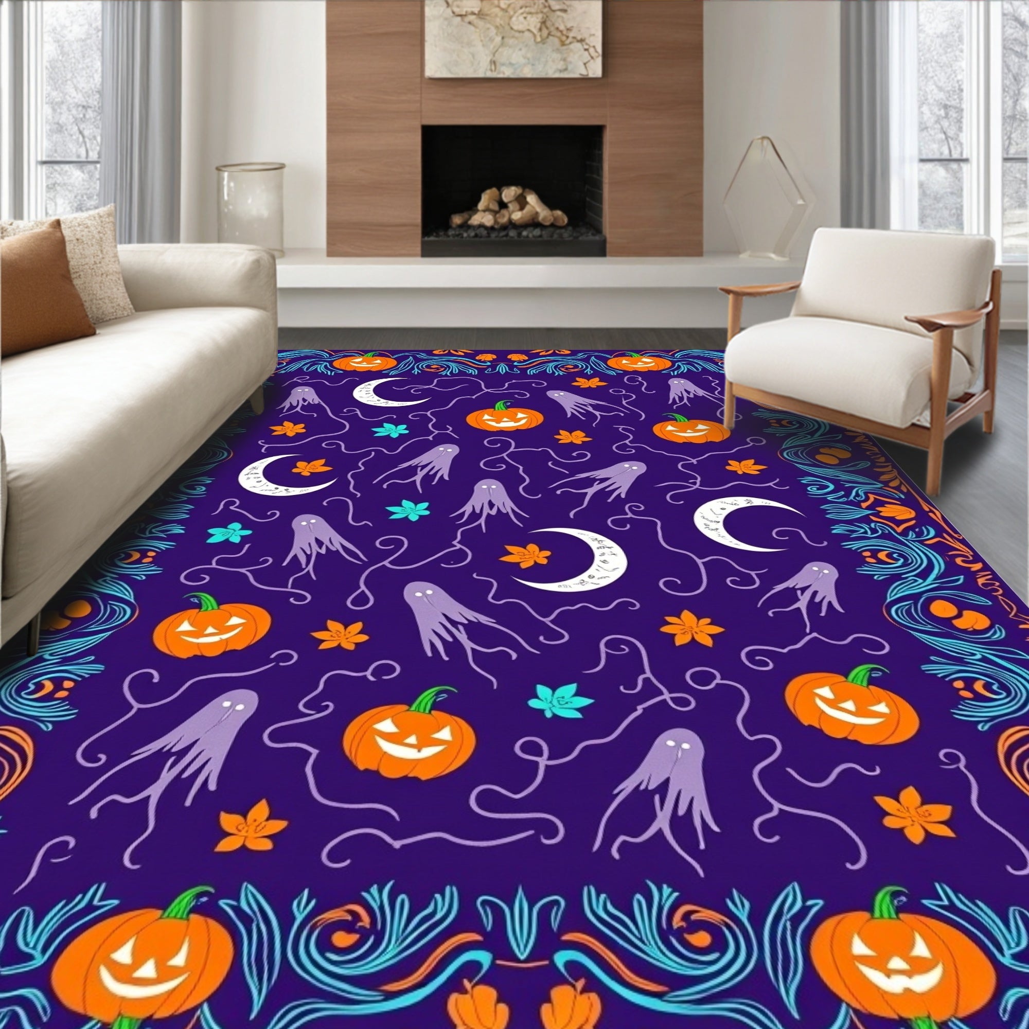 Whimsical Purple Halloween Pumpkin Ghost Rug