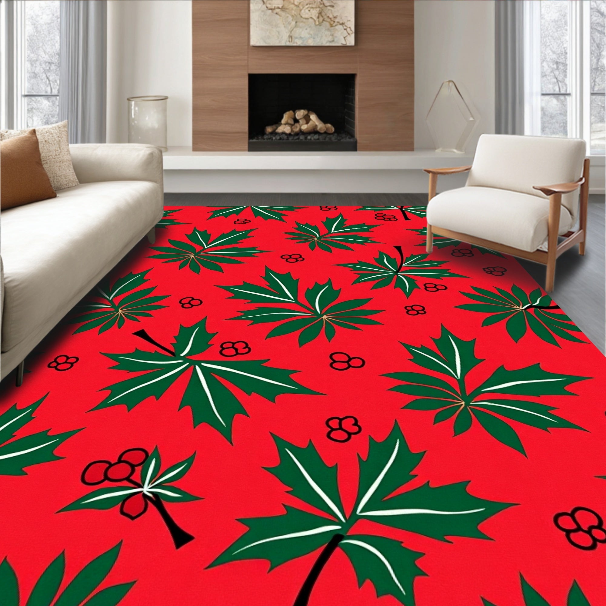 Festive Red Green Leafy Garland Rug