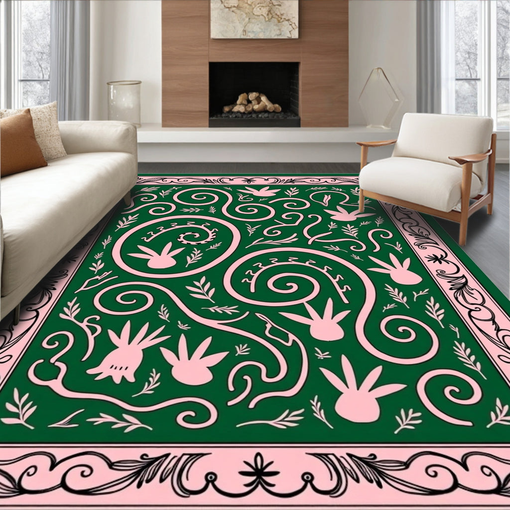 Pink Botanical Swirls Green Rug