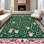 Pink Botanical Swirls Green Rug