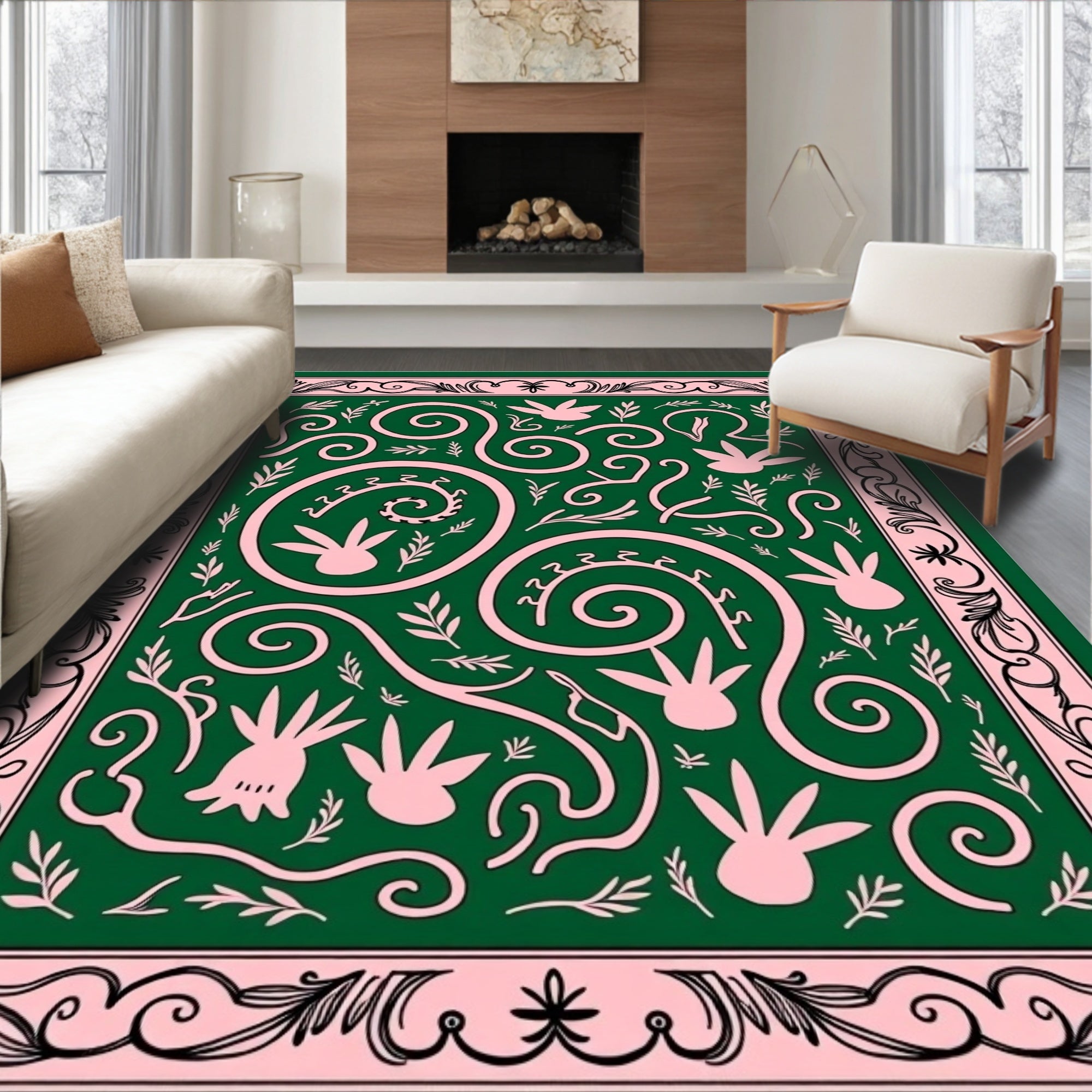 Pink Botanical Swirls Green Rug