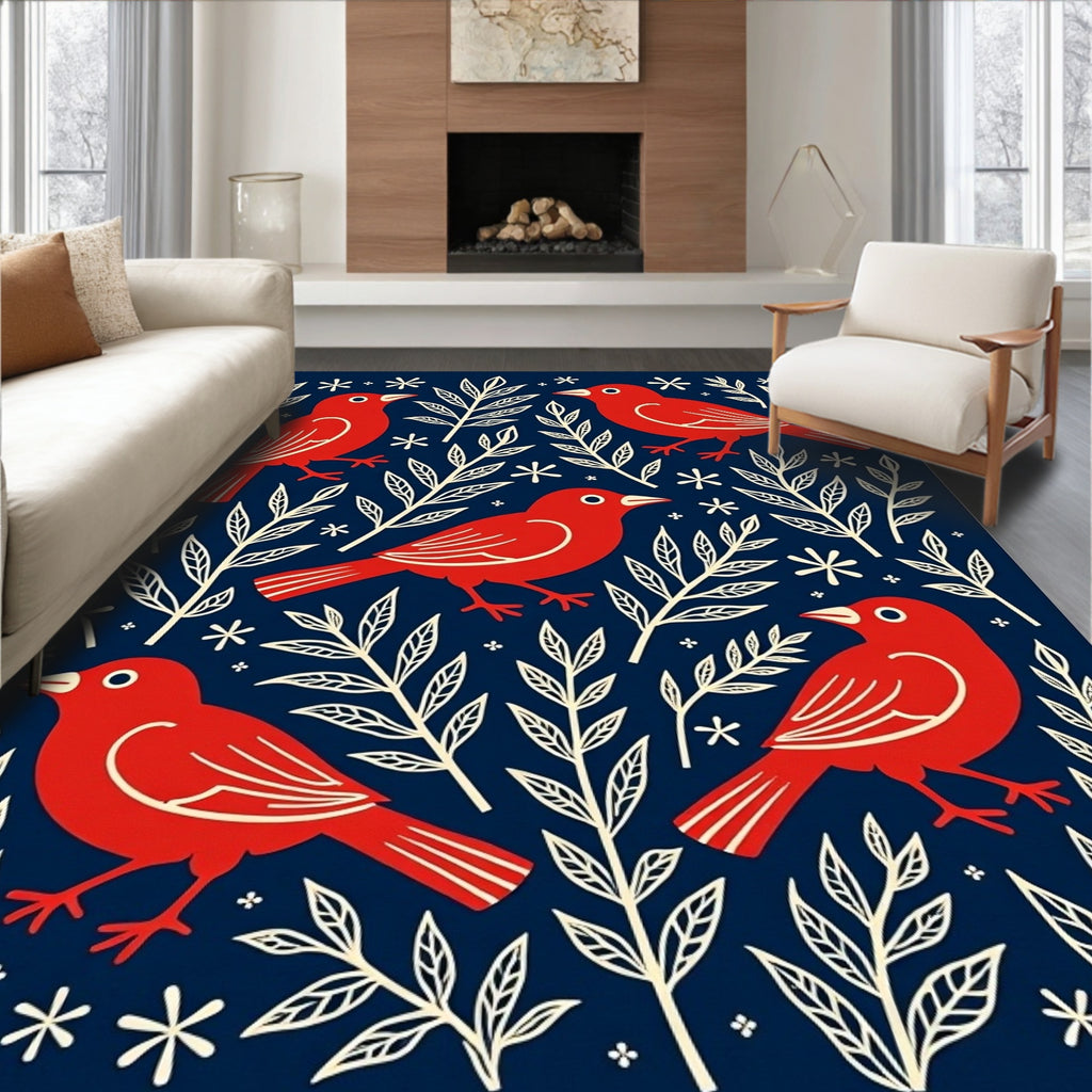 Red Birds With Creamy Branches Navy Rug