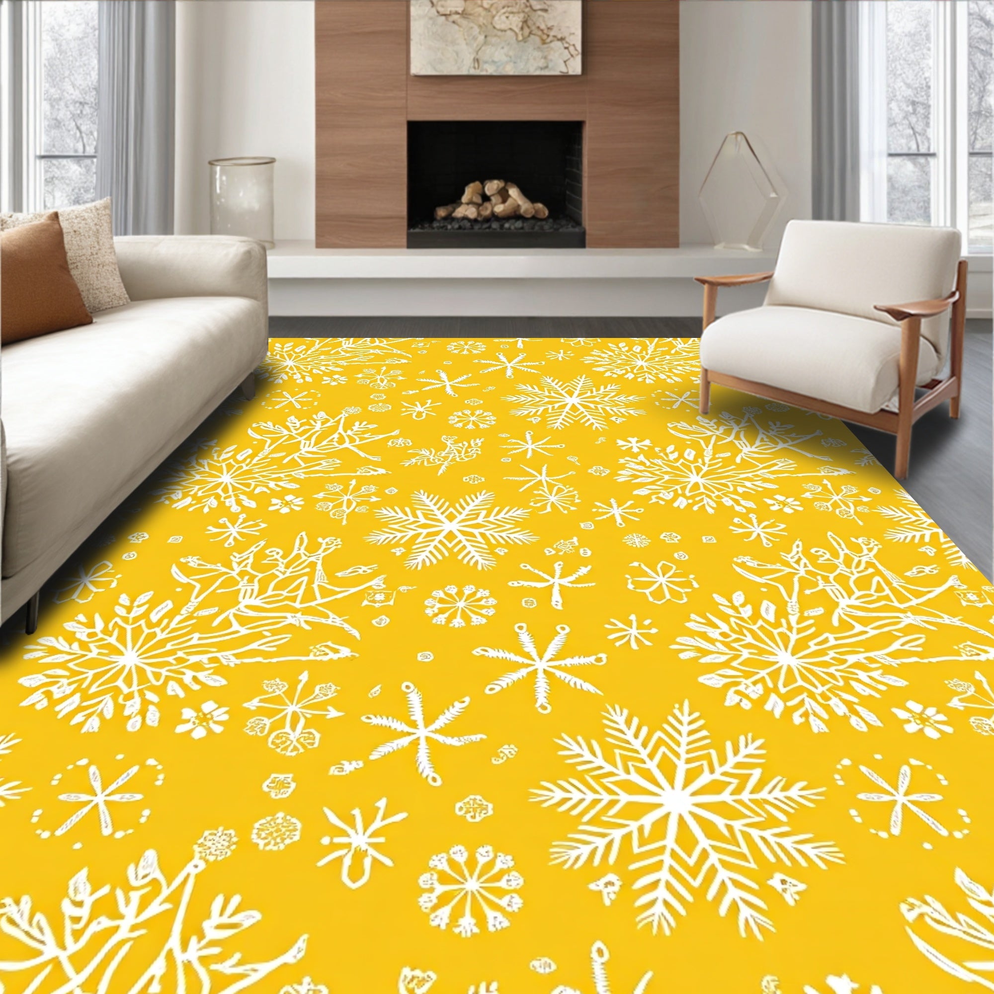Golden Yellow Snowflakes All Over Rug