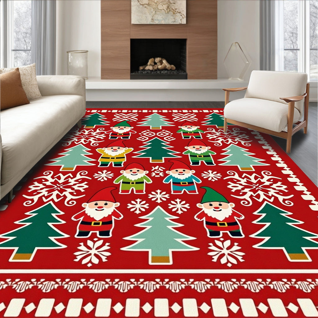 Red Christmas Gnomes Fir Trees Snowflakes Rug