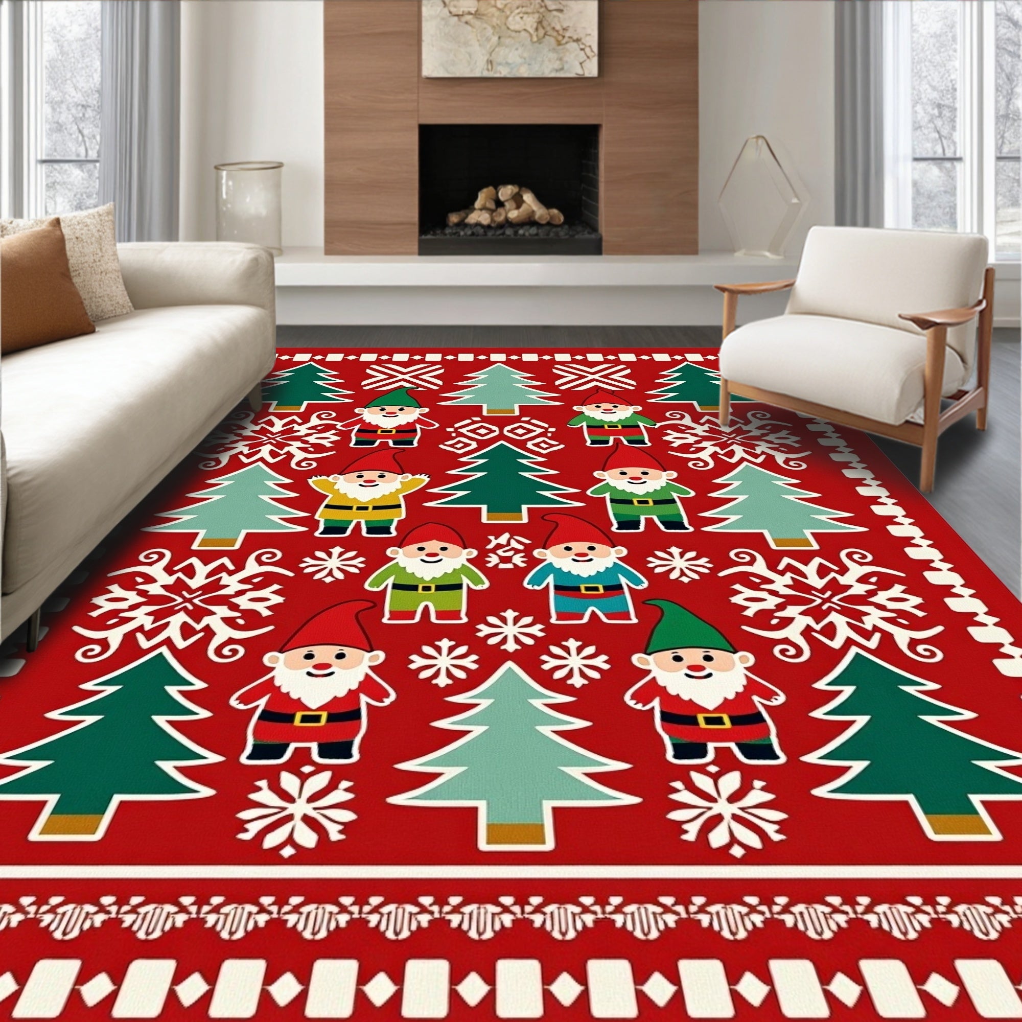 Red Christmas Gnomes Fir Trees Snowflakes Rug