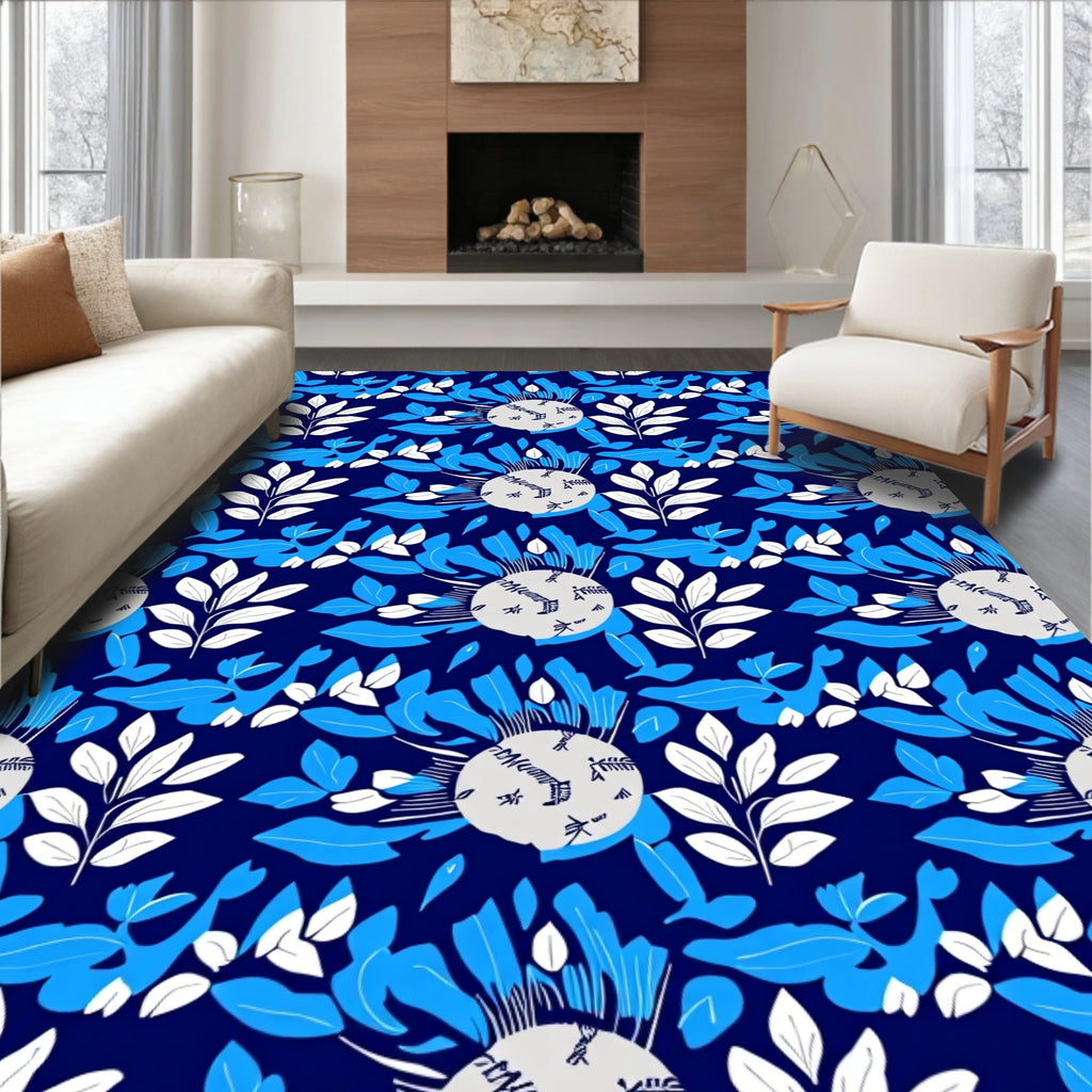 Deep Blue White Leaf Medallion Rug