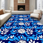 Deep Blue White Leaf Medallion Rug