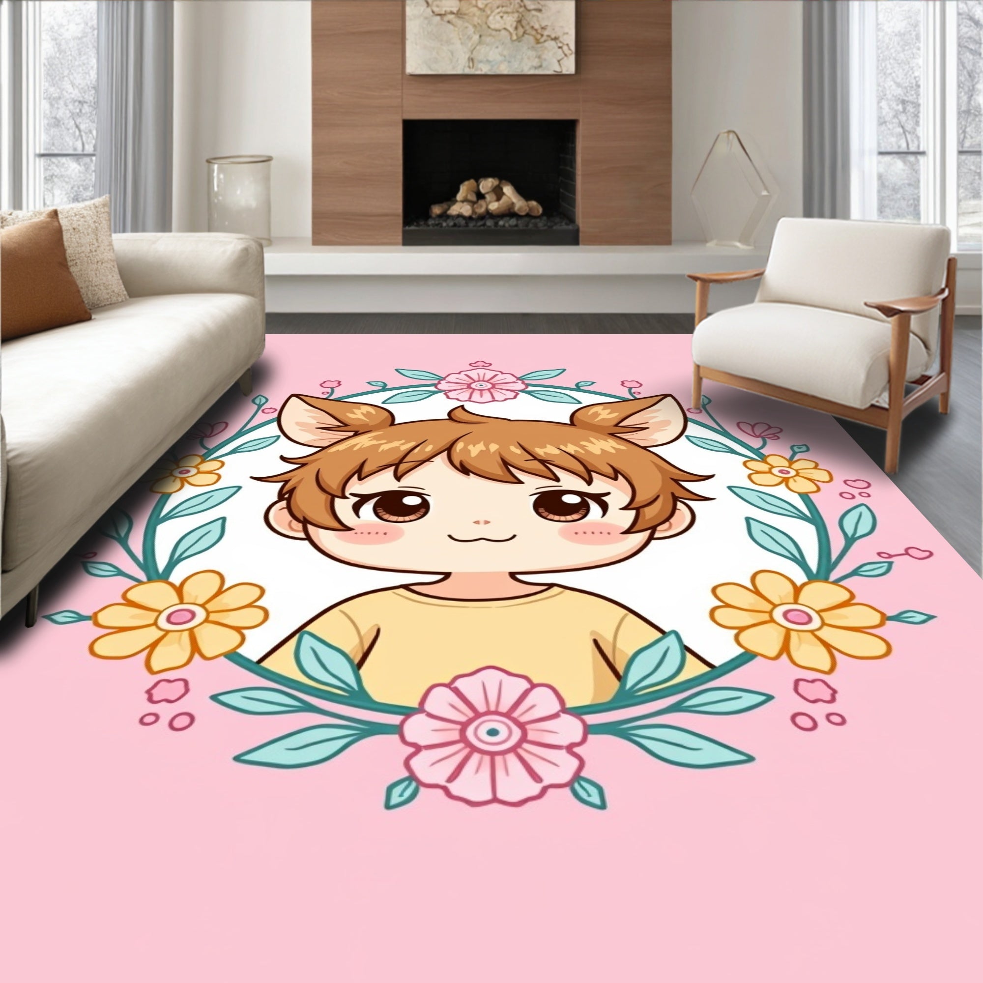 Cute Chibi Kawaii Animal Floral Frame Rug