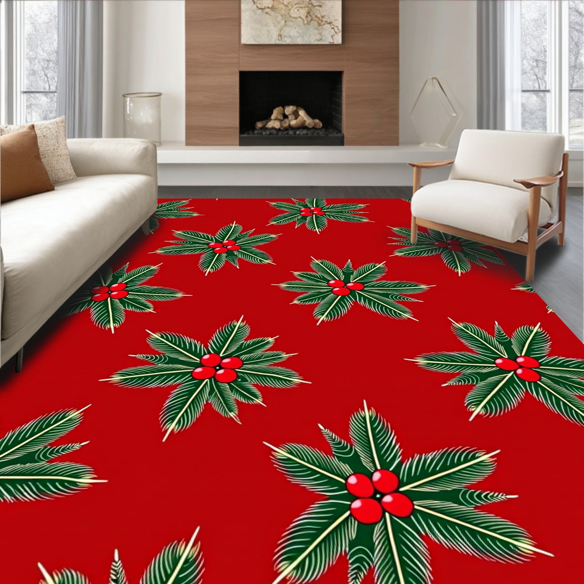 Festive Red Evergreen Holly Cluster Rug