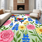 Colorful Butterflies Pink Yellow Blue Flowers Rug