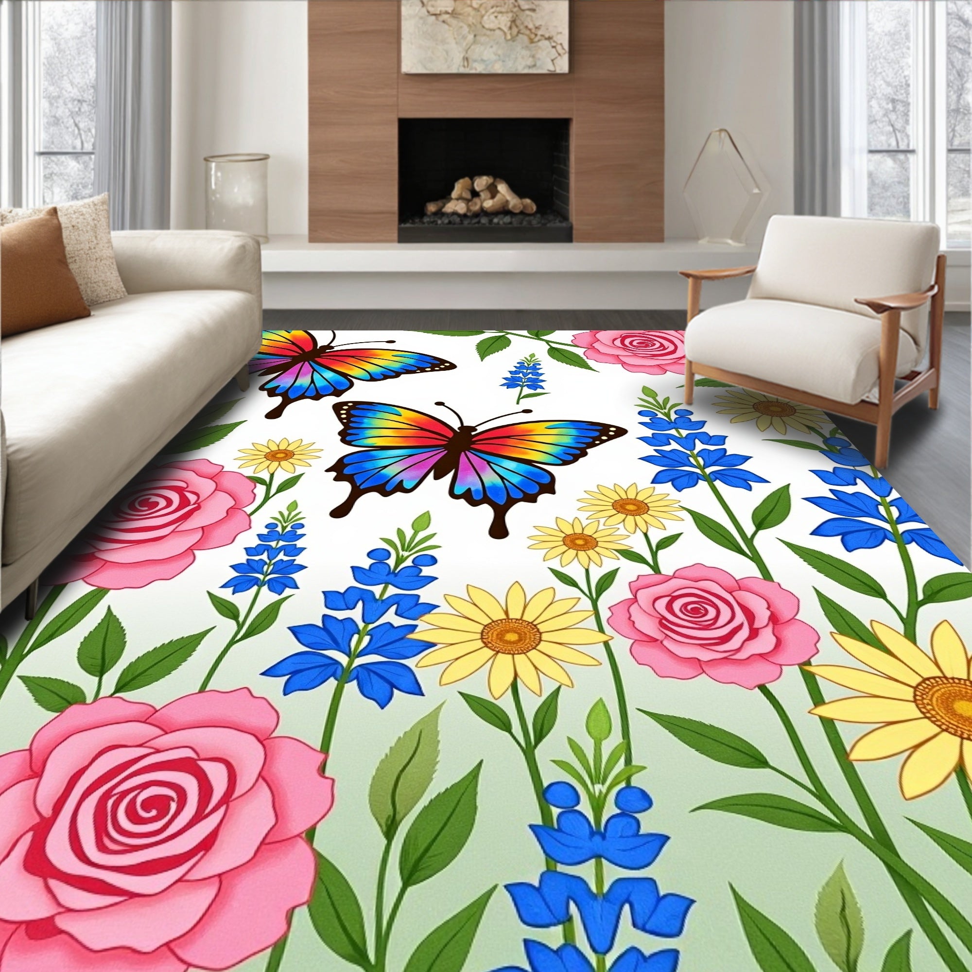 Colorful Butterflies Pink Yellow Blue Flowers Rug