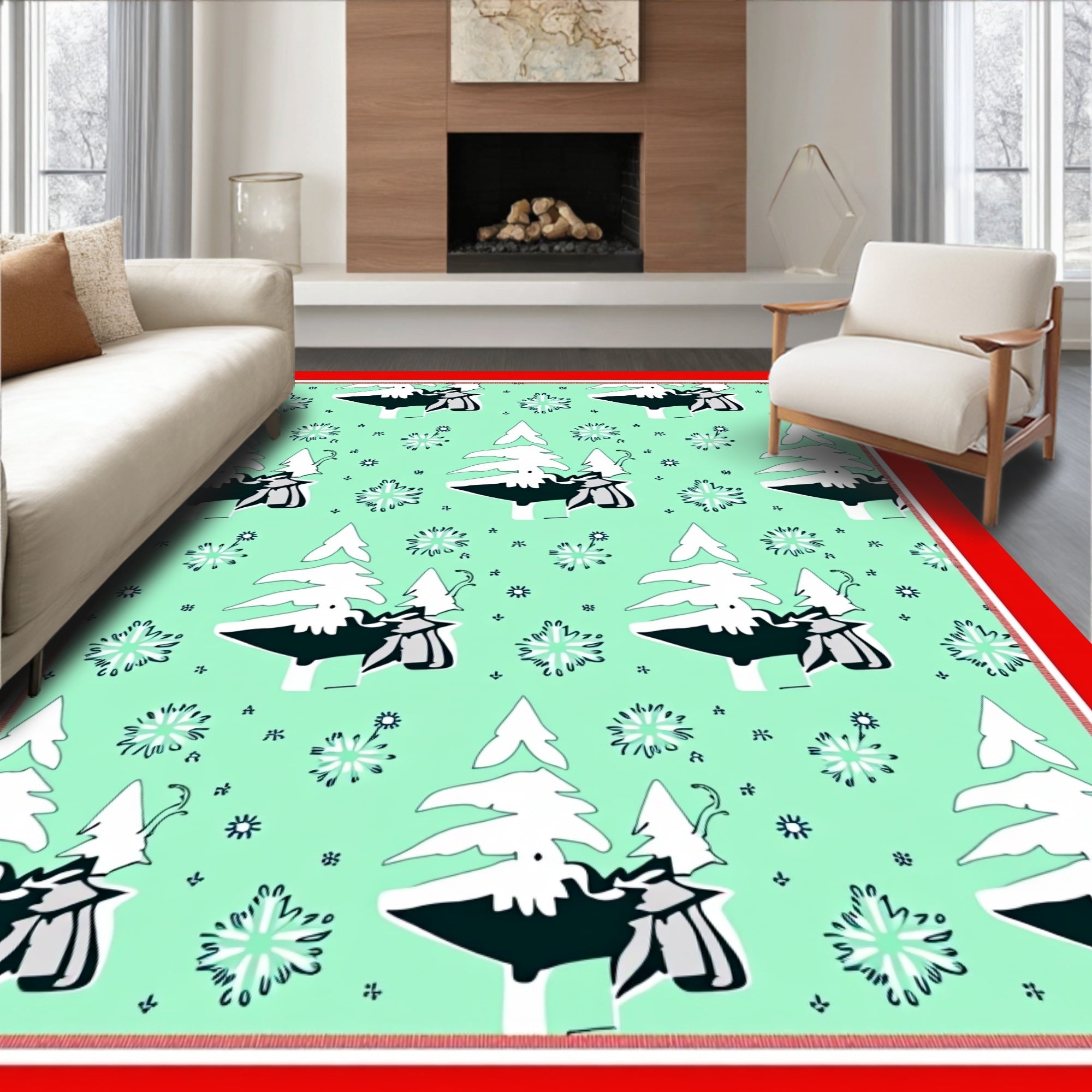 Mint Green Christmas Tree Snowfall Rug
