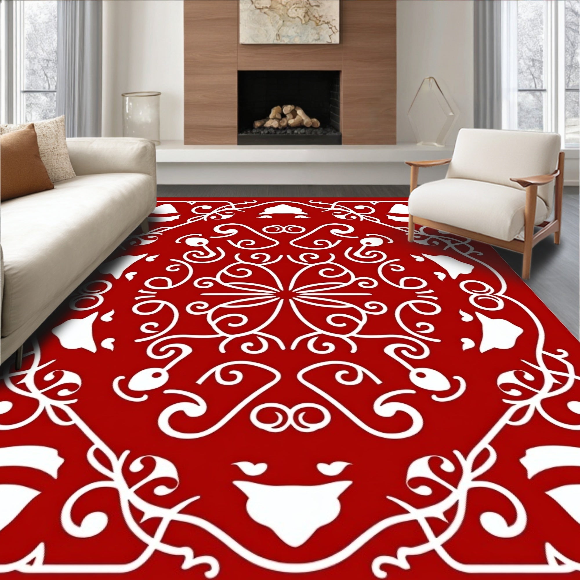 Crimson white ornate medallion Rug