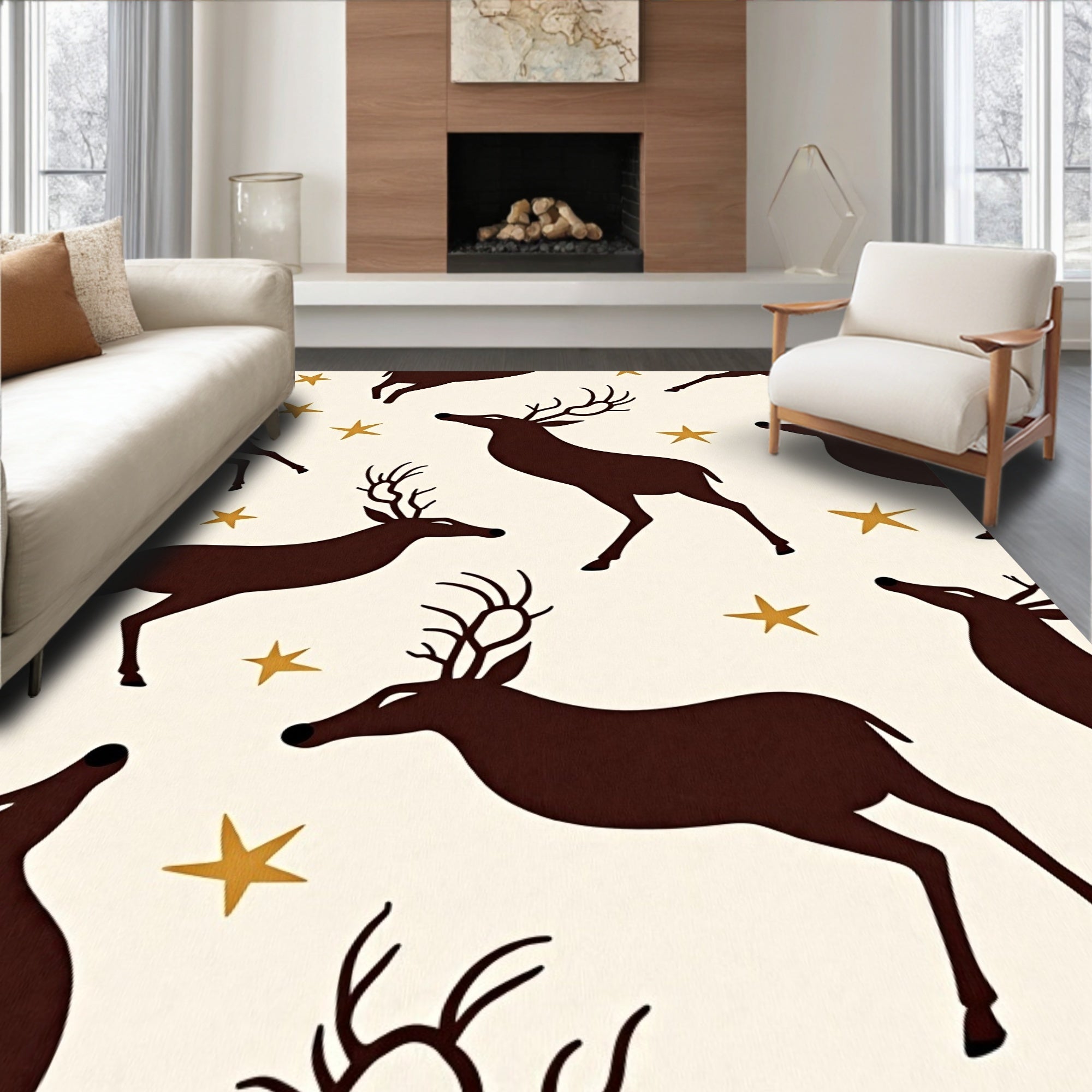 Brown Deer and Gold Stars Meadow Rug