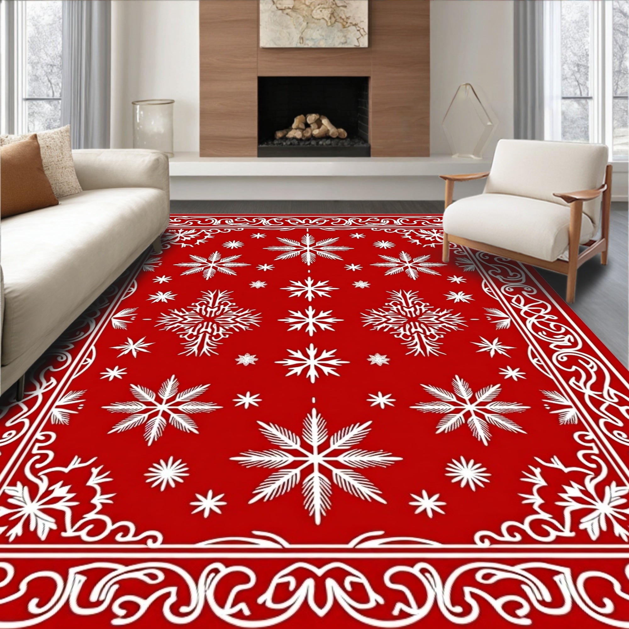 Crimson Snowflakes Victorian Border Rug