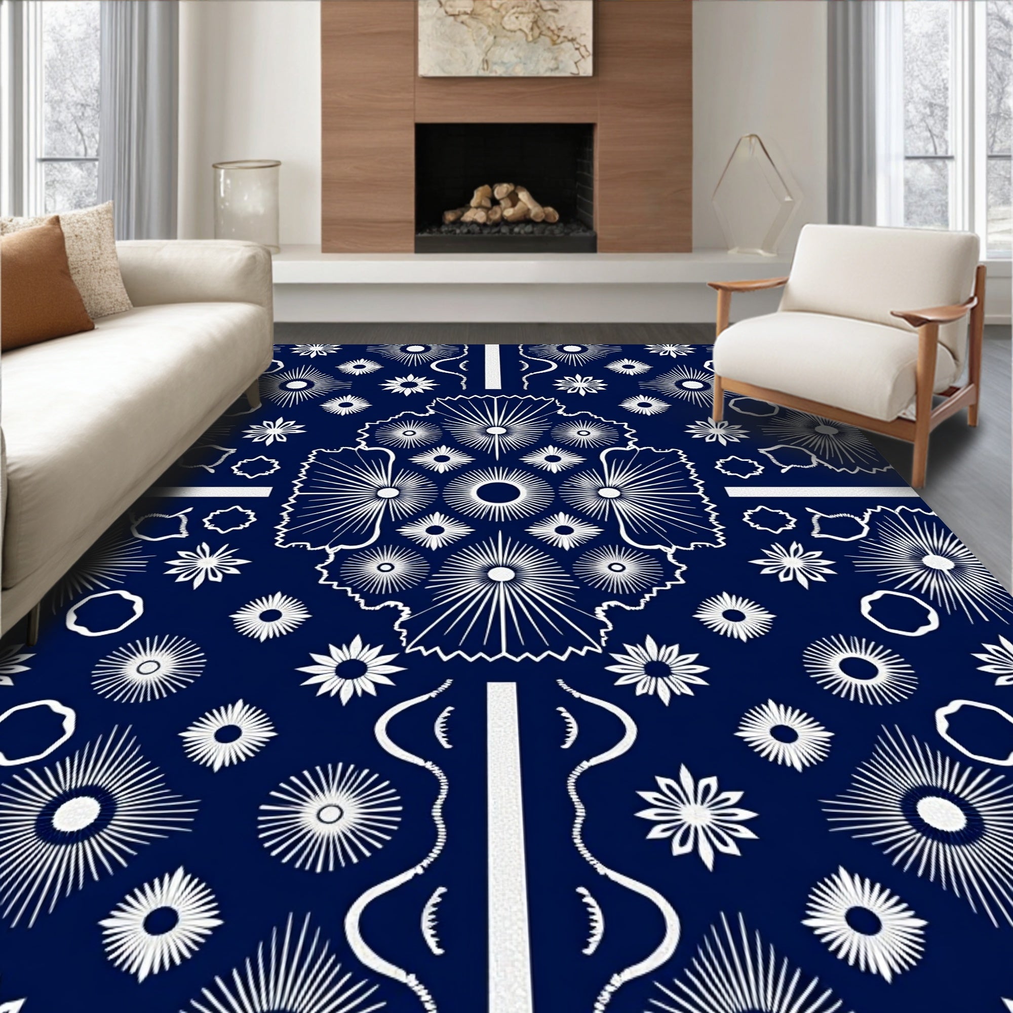 Navy White Starburst Bursting Dahlia Rug