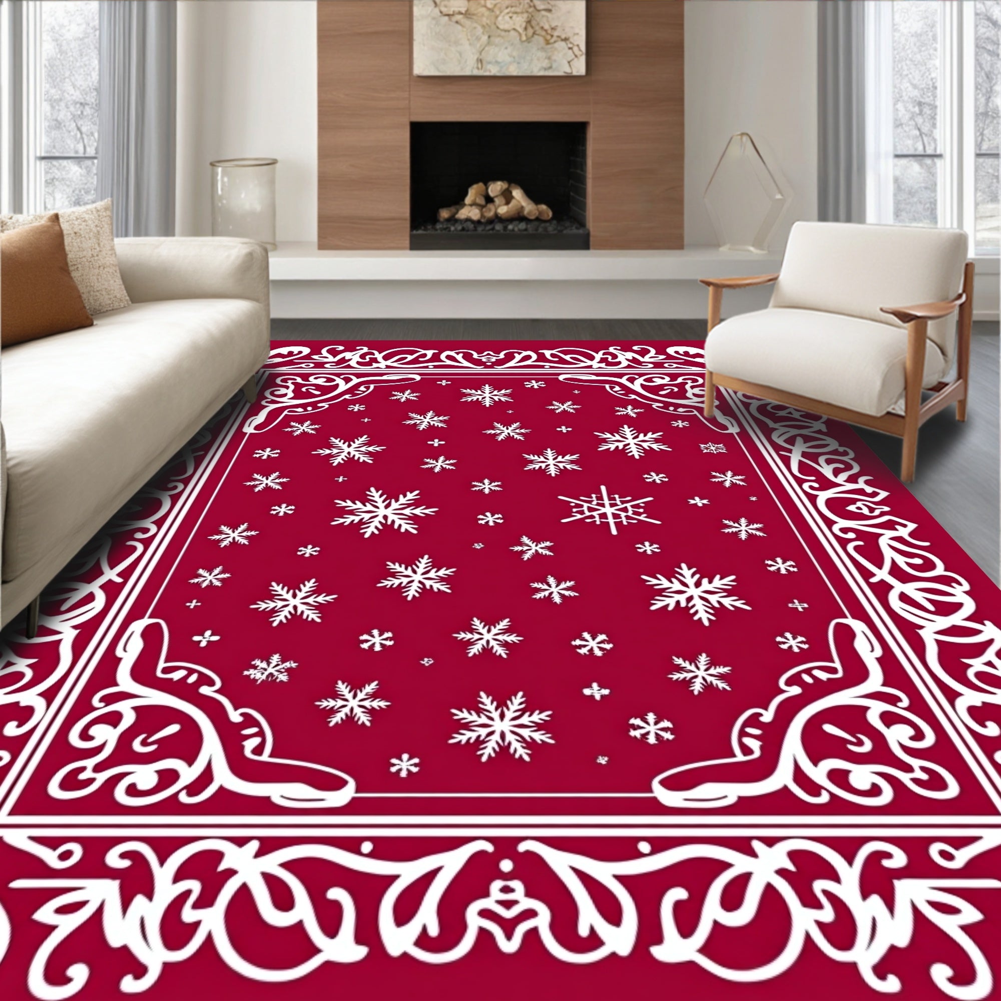 Crimson Snowflake Bordered Snowflakes Rug