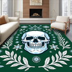 Dark Green Skull Floral Border Rug