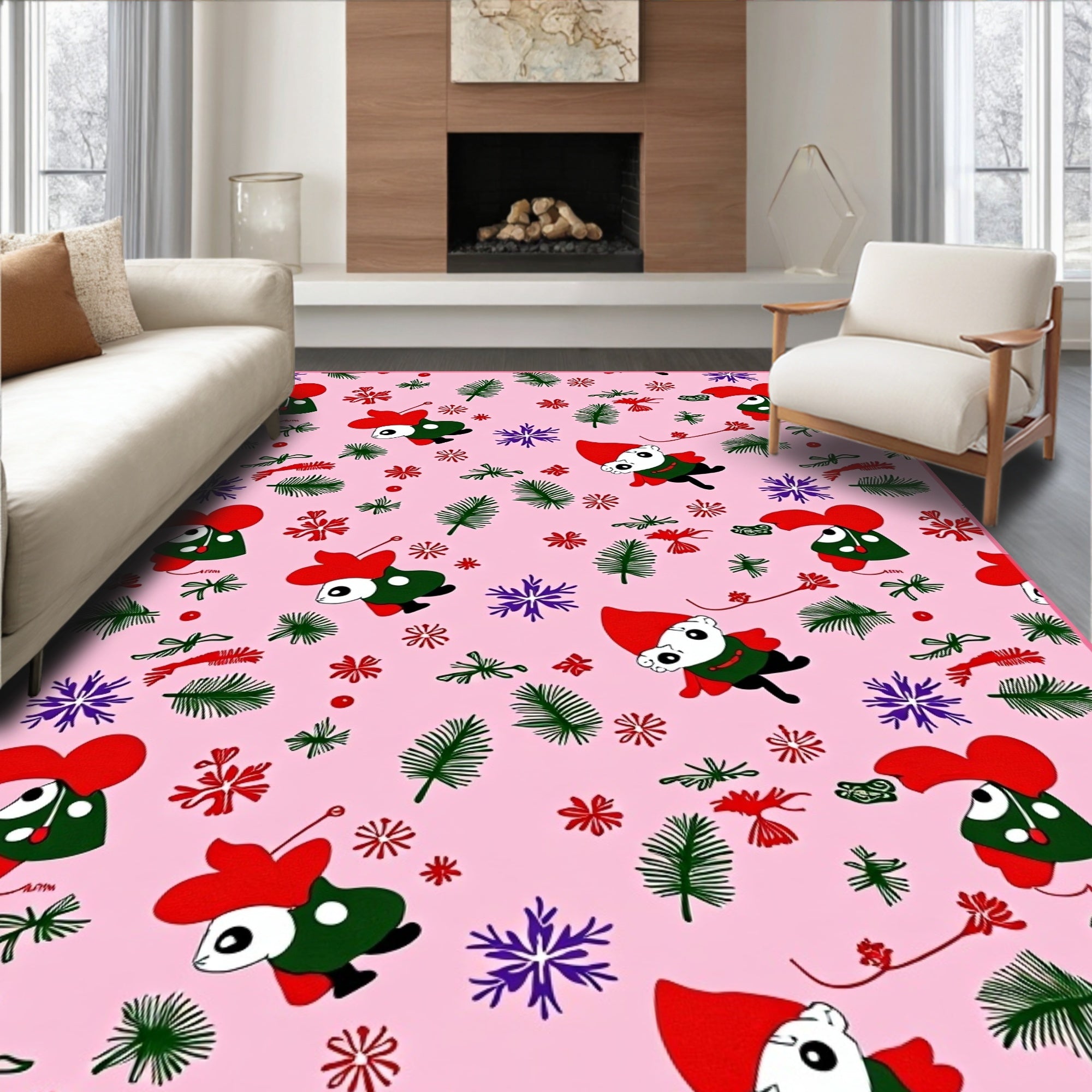 Pink Whimsical Gnome Snowfall Sprigs Rug