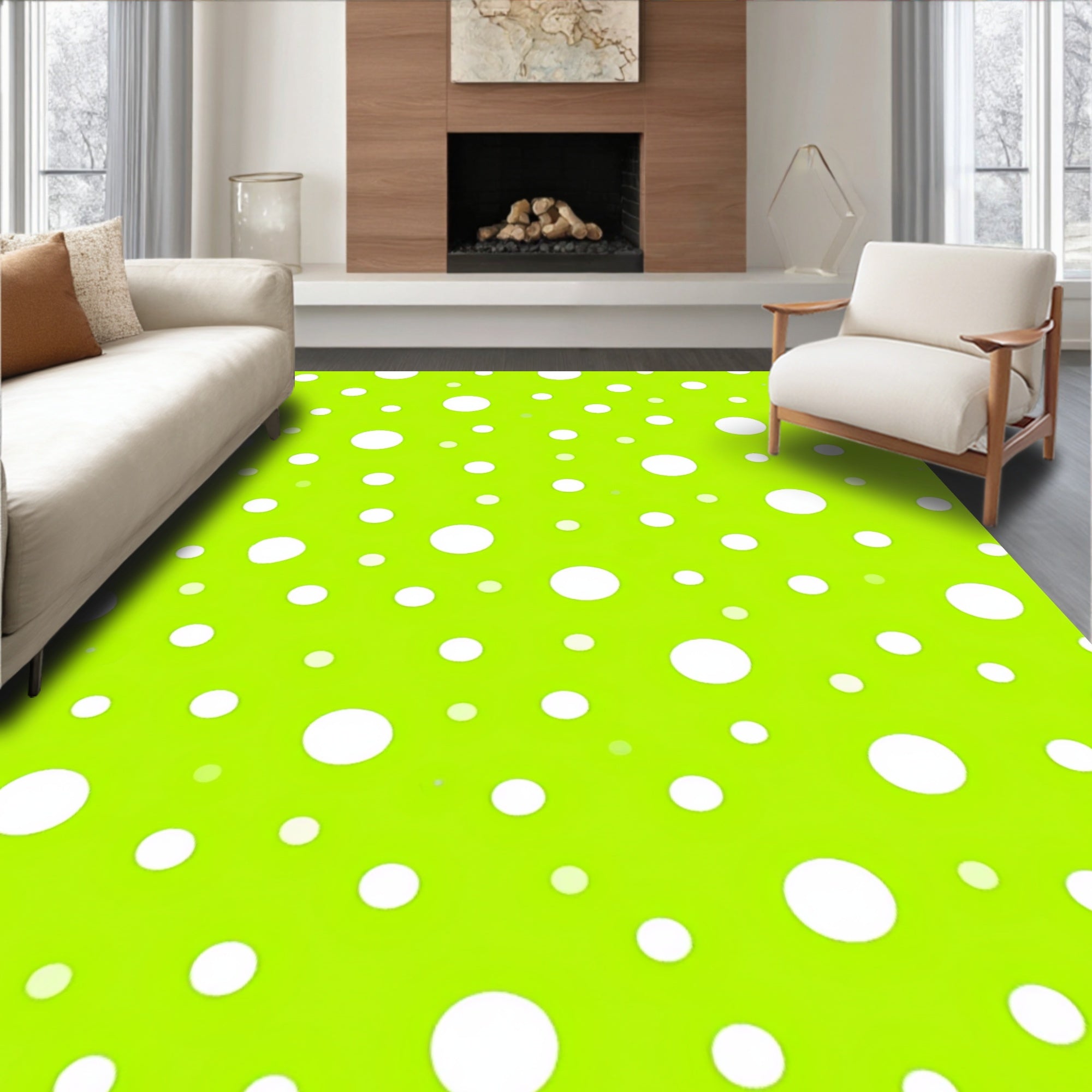 Bright Lime White Polka Dot Circles Rug
