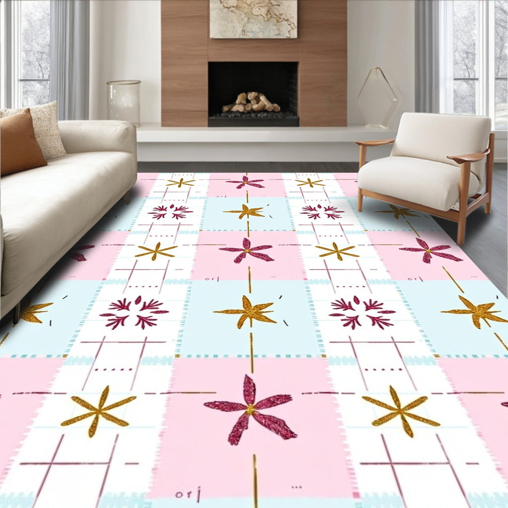 Pastel Pink Gold Star Floral Grid Rug
